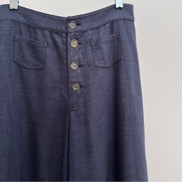 STAUD Martin linen blend wide leg pants navy blue high waisted patch pockets - Picture 4 of 9